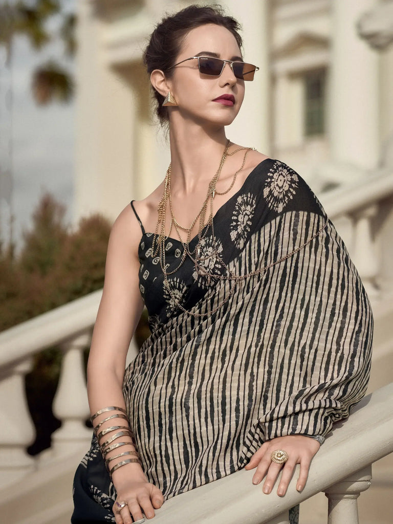 Exquisite Black Printed Mal Mal Silk Function Wear Saree With Blouse