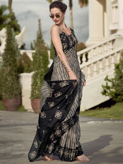 Exquisite Black Printed Mal Mal Silk Function Wear Saree With Blouse