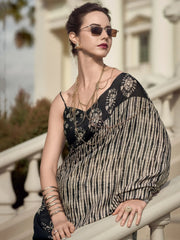 Exquisite Black Printed Mal Mal Silk Function Wear Saree With Blouse