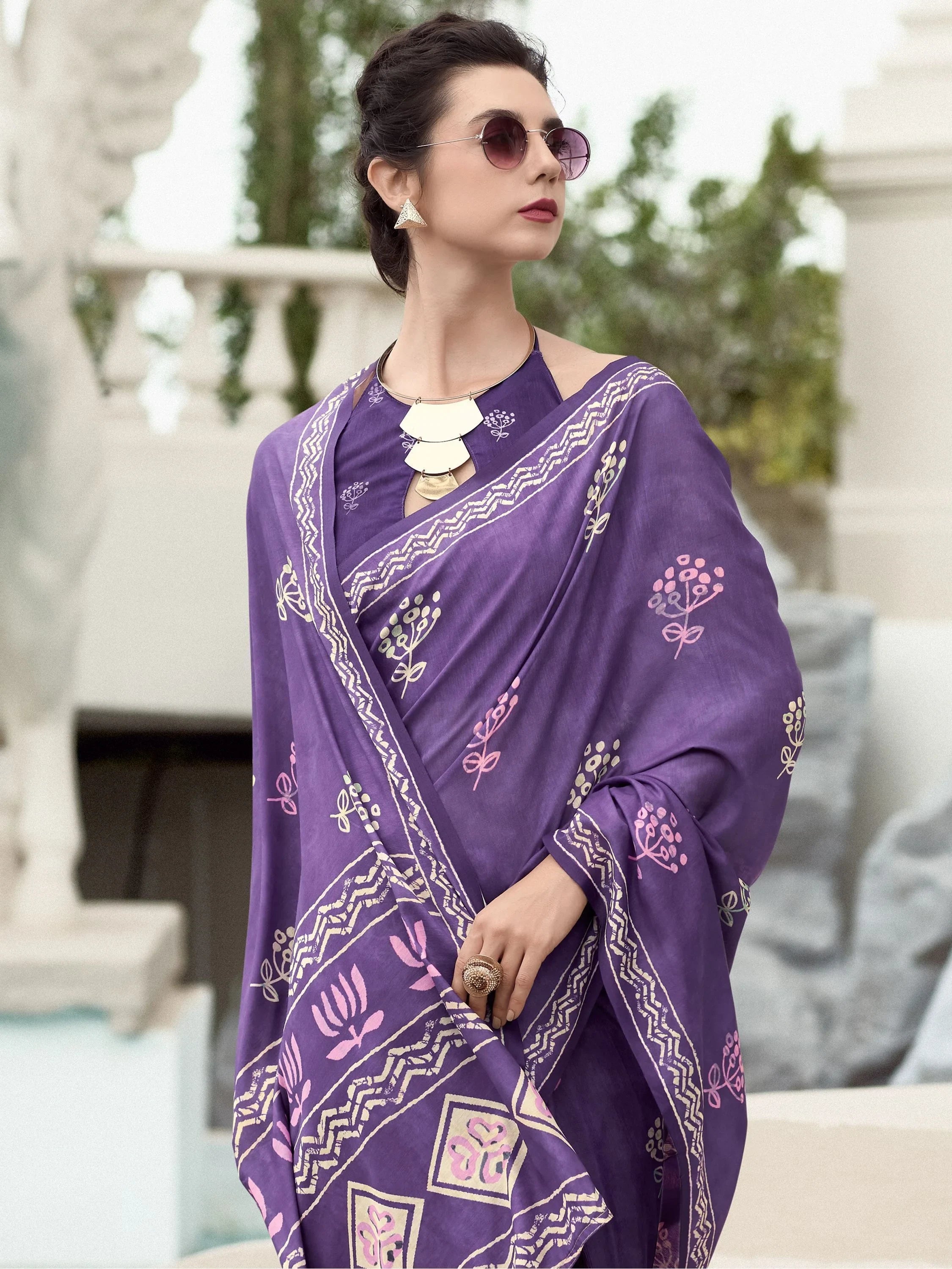 Glorious Purple Printed Mal Mal Silk Festival Wear Saree With Blouse