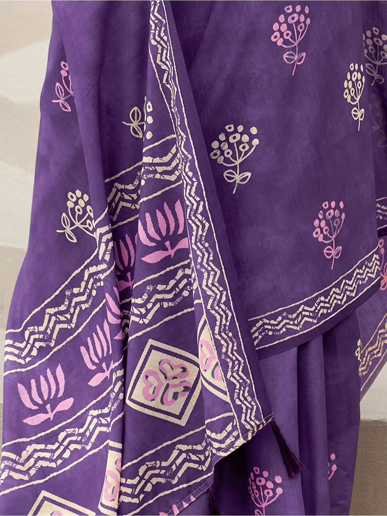 Glorious Purple Printed Mal Mal Silk Festival Wear Saree With Blouse