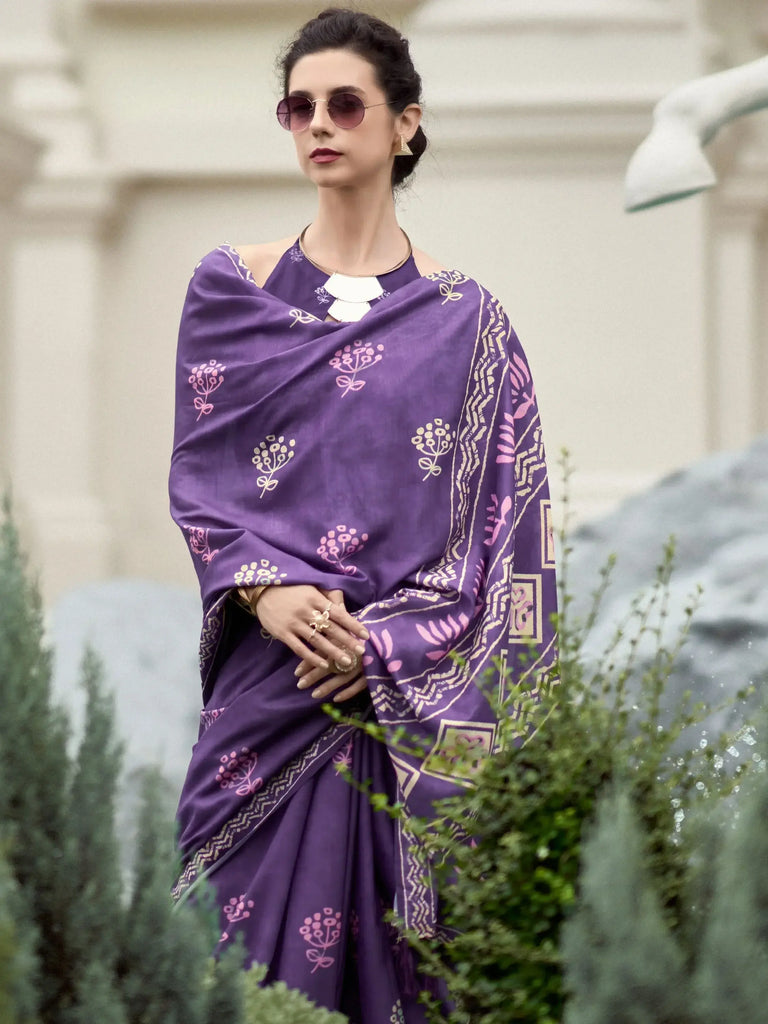 Glorious Purple Printed Mal Mal Silk Festival Wear Saree With Blouse
