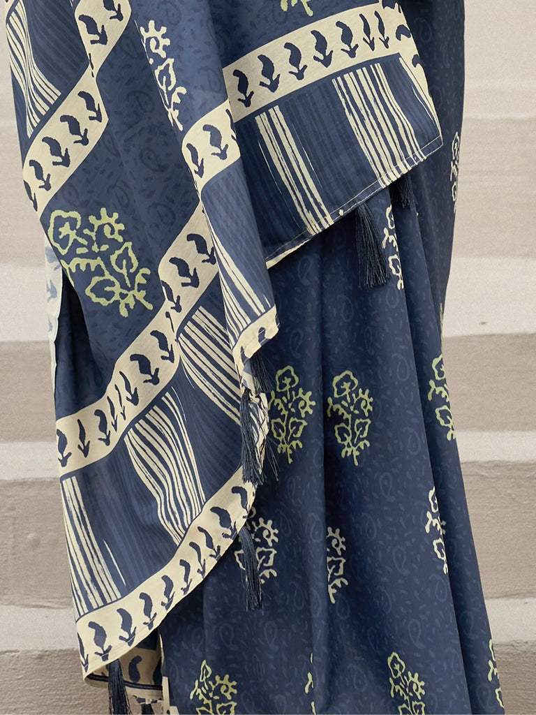 Majestic Navy Blue Printed Mal Mal Silk Office Wear Saree With Blouse