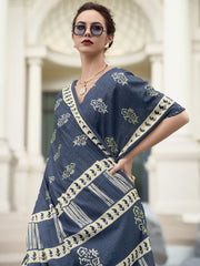 Majestic Navy Blue Printed Mal Mal Silk Office Wear Saree With Blouse