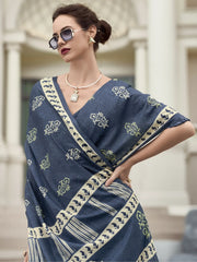 Majestic Navy Blue Printed Mal Mal Silk Office Wear Saree With Blouse