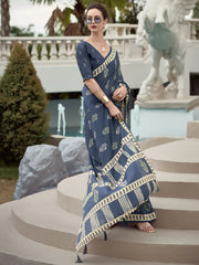 Majestic Navy Blue Printed Mal Mal Silk Office Wear Saree With Blouse
