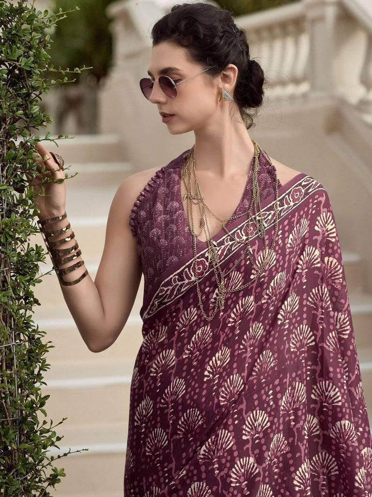 Winsome Wine Printed Mal Mal Silk Office Wear Saree With Blouse