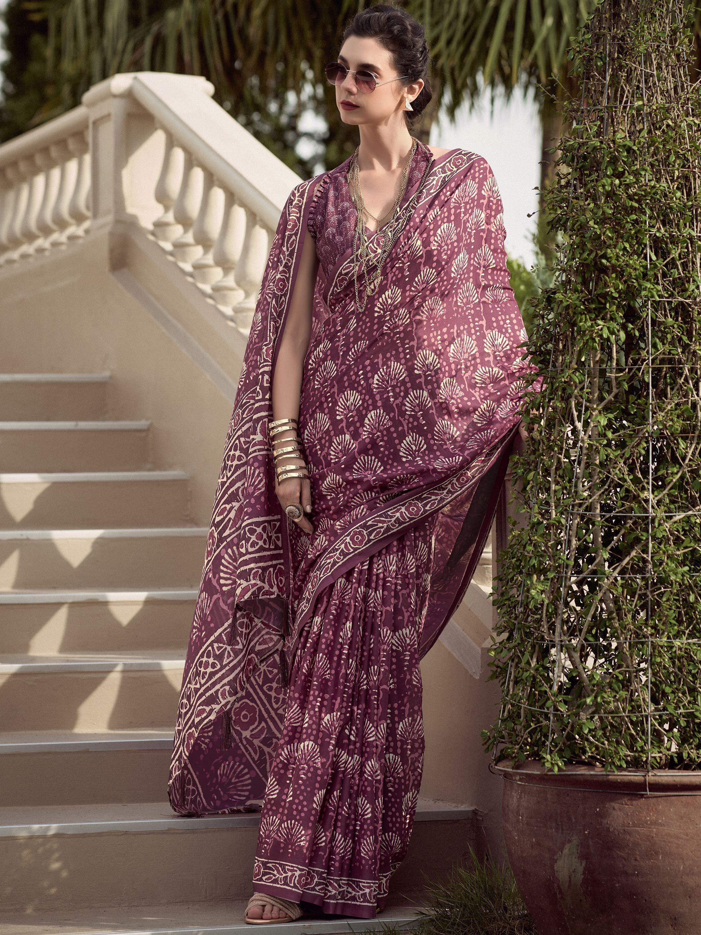 Winsome Wine Printed Mal Mal Silk Office Wear Saree With Blouse