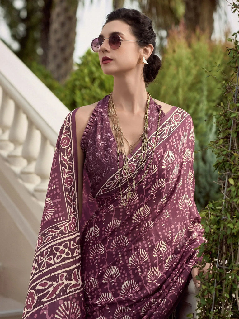 Winsome Wine Printed Mal Mal Silk Office Wear Saree With Blouse