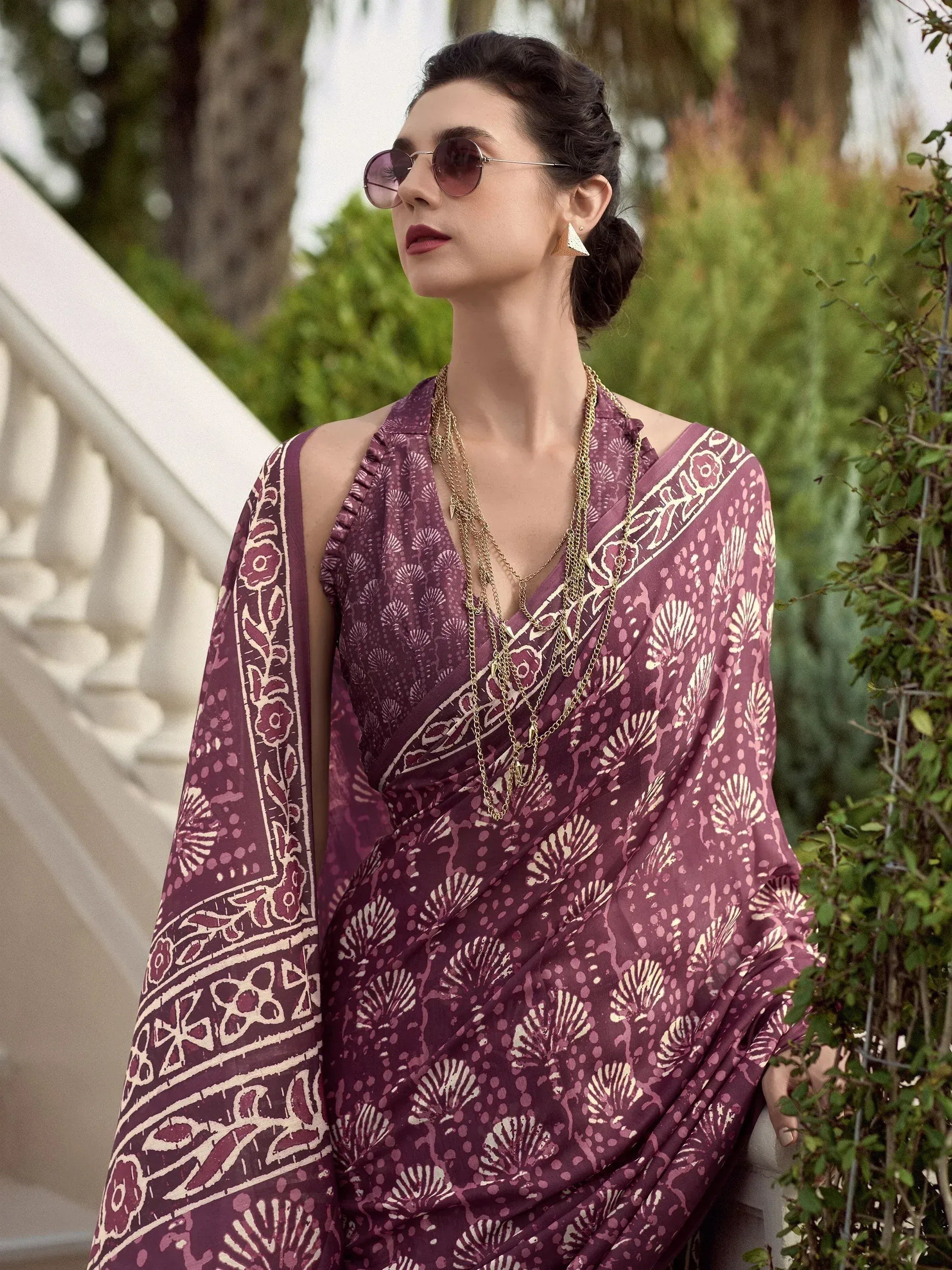 Winsome Wine Printed Mal Mal Silk Office Wear Saree With Blouse