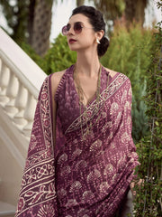 Winsome Wine Printed Mal Mal Silk Office Wear Saree With Blouse