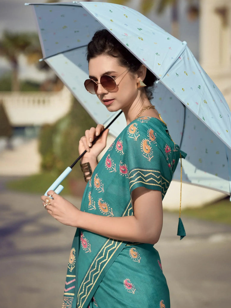 Bringing Sea Green Printed Mal Mal Silk Event Wear Saree With Blouse