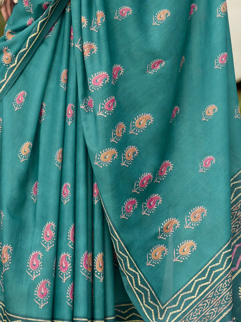 Bringing Sea Green Printed Mal Mal Silk Event Wear Saree With Blouse