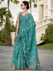 Bringing Sea Green Printed Mal Mal Silk Event Wear Saree With Blouse