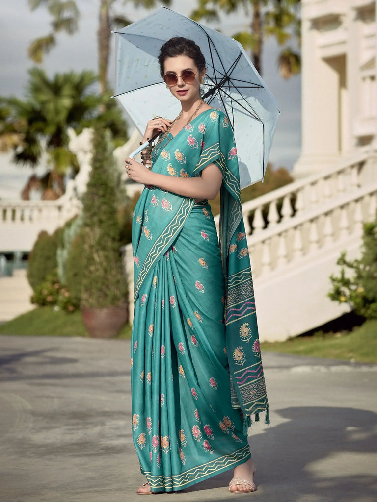 Bringing Sea Green Printed Mal Mal Silk Event Wear Saree With Blouse