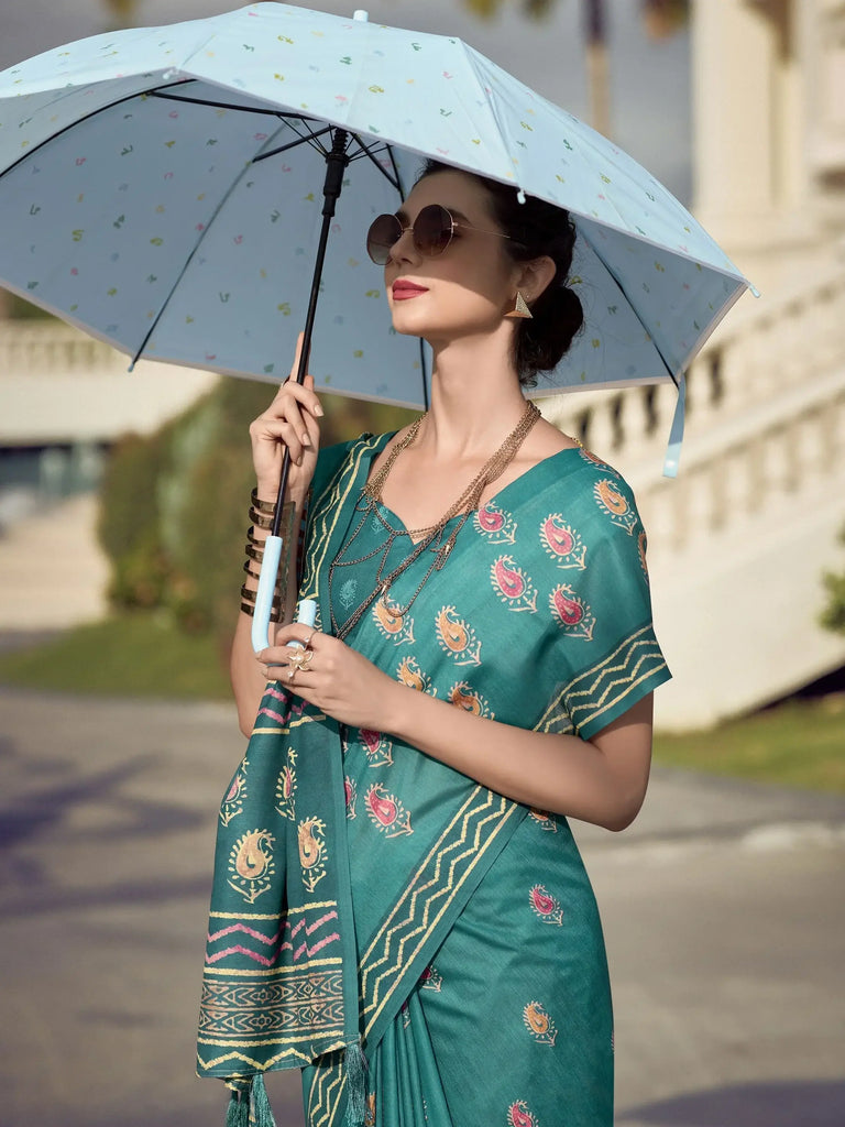 Bringing Sea Green Printed Mal Mal Silk Event Wear Saree With Blouse