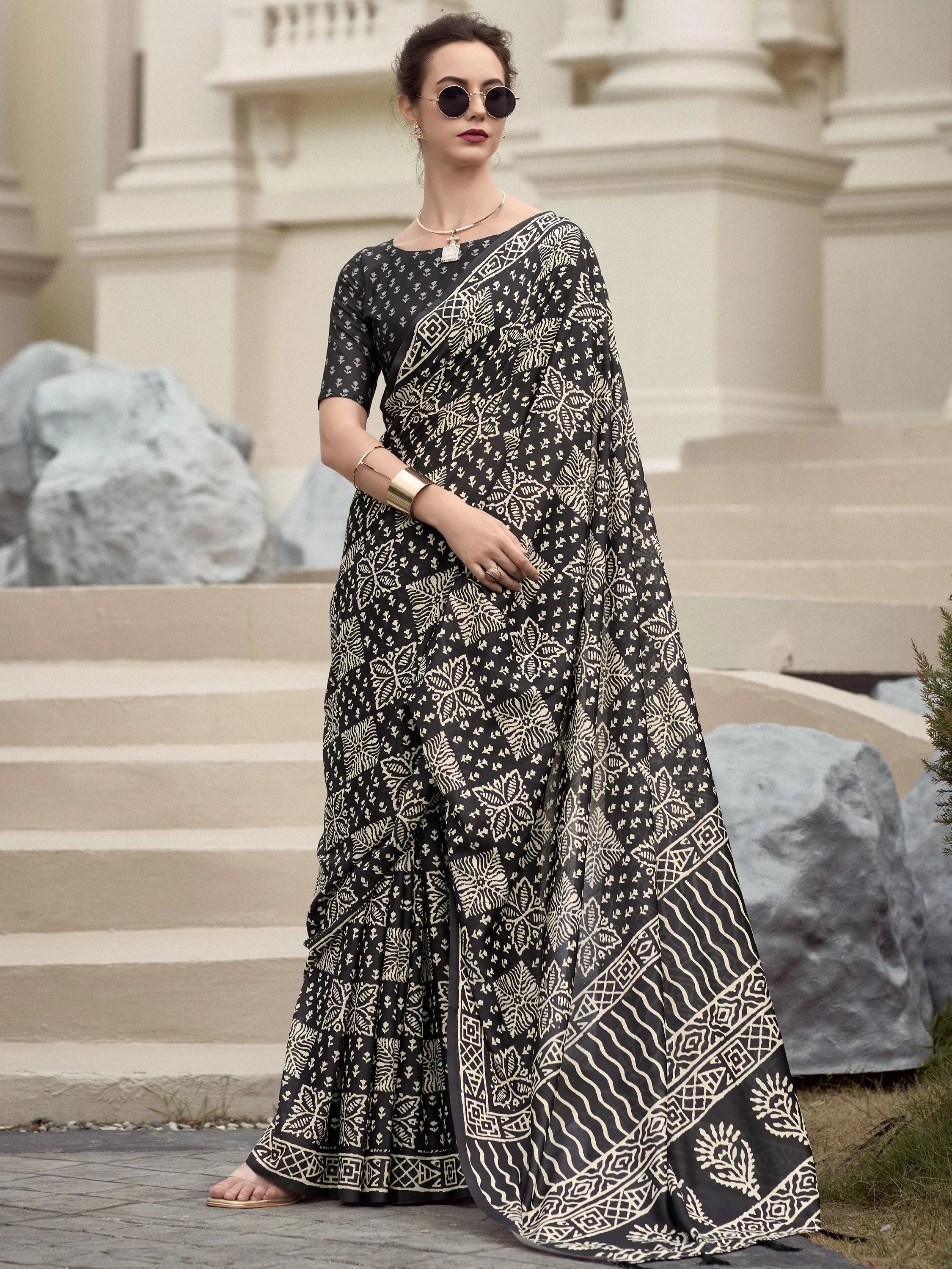 Fantastical Black Printed Mal Mal Silk Function Wear Saree With Blouse