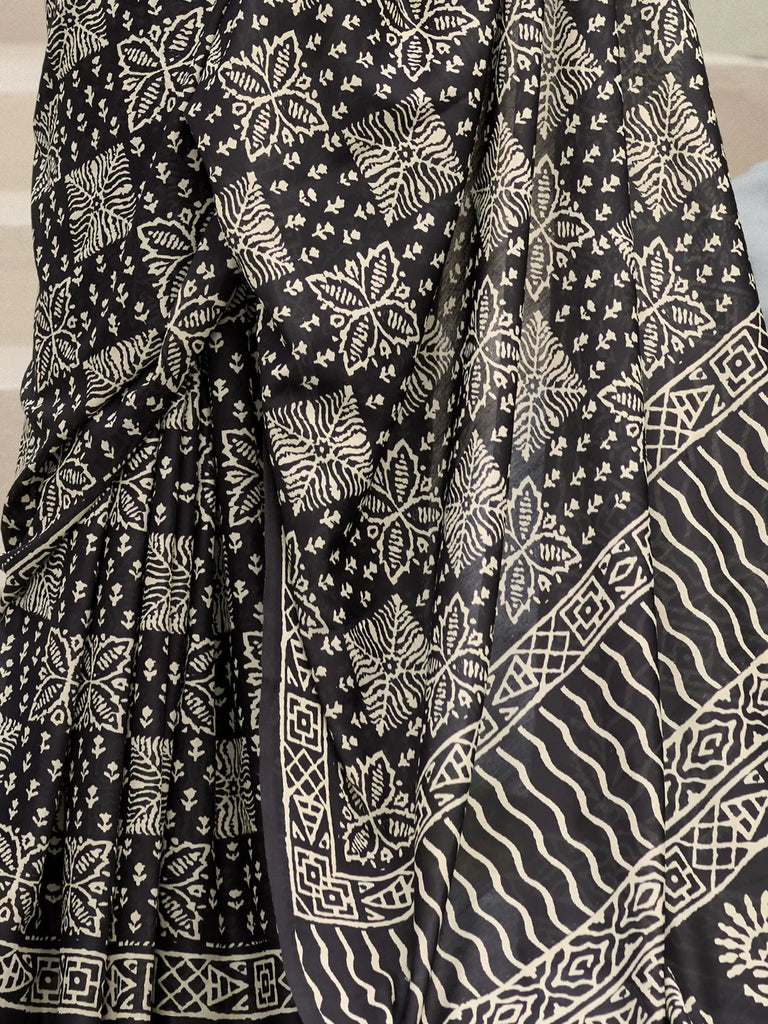 Fantastical Black Printed Mal Mal Silk Function Wear Saree With Blouse