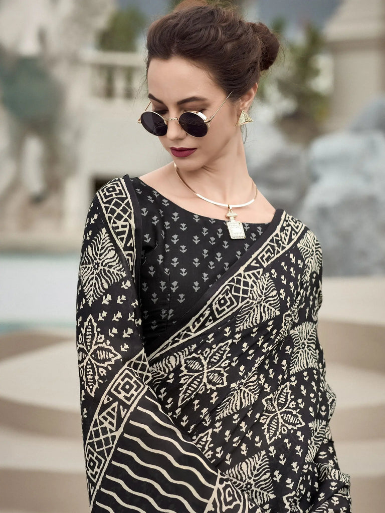 Fantastical Black Printed Mal Mal Silk Function Wear Saree With Blouse