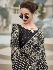 Fantastical Black Printed Mal Mal Silk Function Wear Saree With Blouse