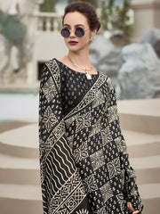 Fantastical Black Printed Mal Mal Silk Function Wear Saree With Blouse