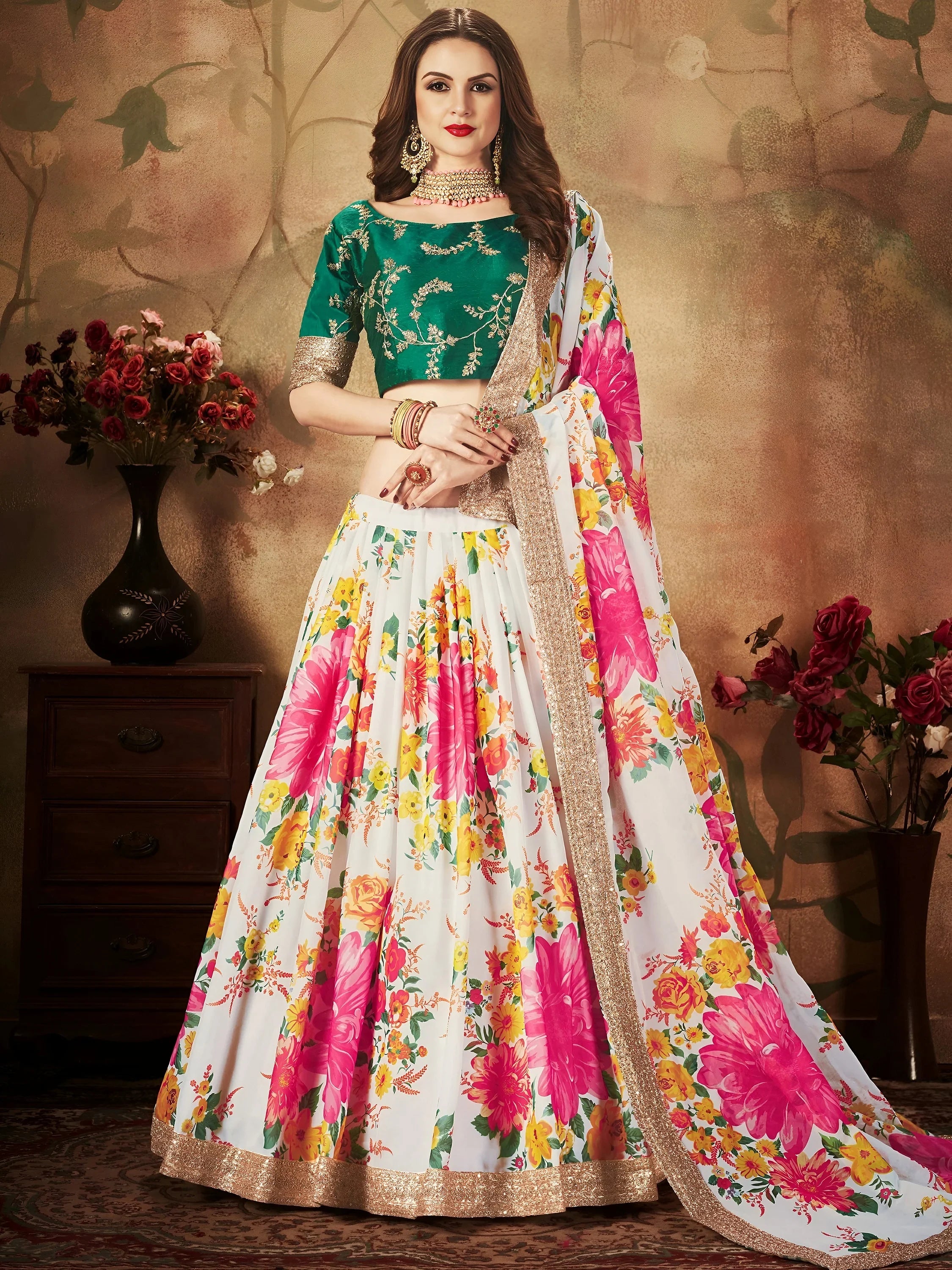 Cream Floral Digital Printed Organza Bridal Lehenga Choli