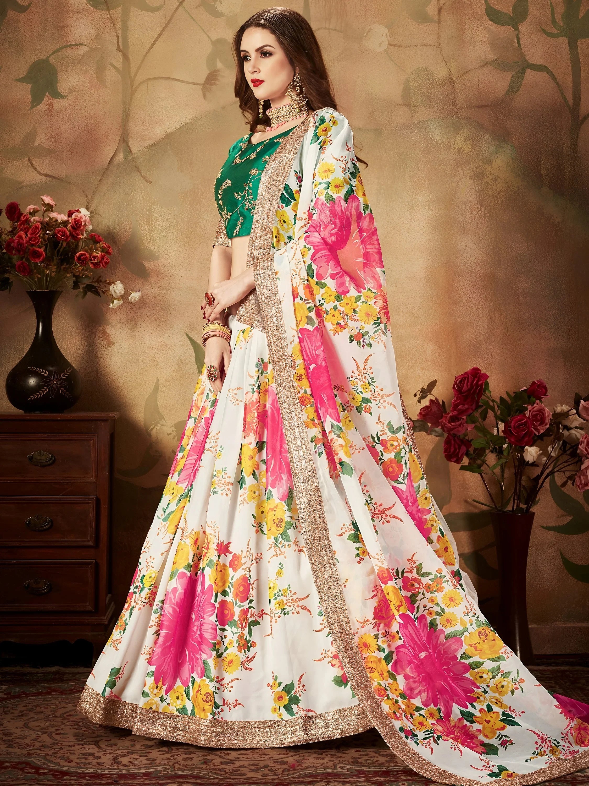 Wonderful Off-White Printed Organza Bridesmaid Plus Size Lehenga Choli