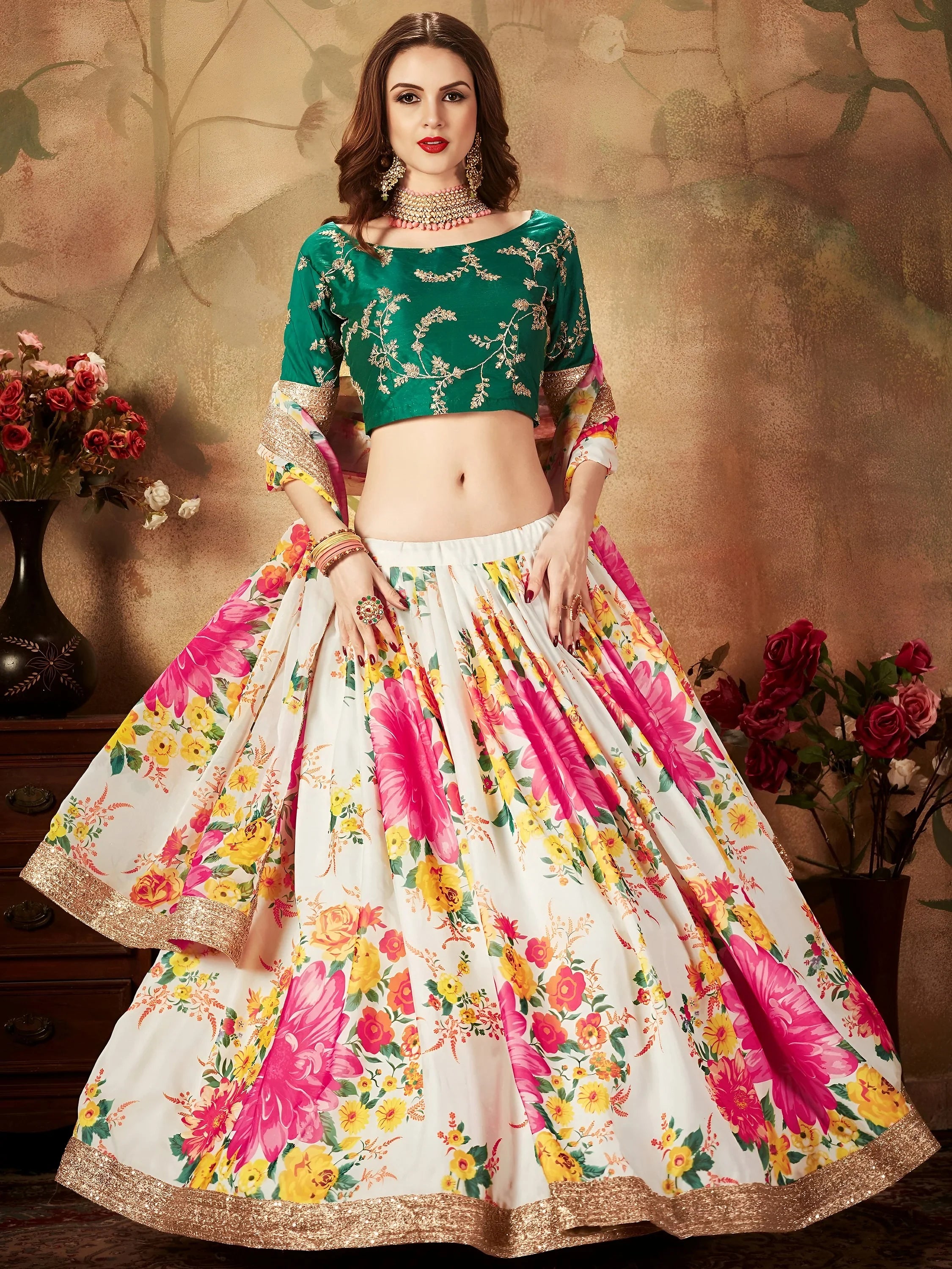 Wonderful Off-White Printed Organza Bridesmaid Plus Size Lehenga Choli
