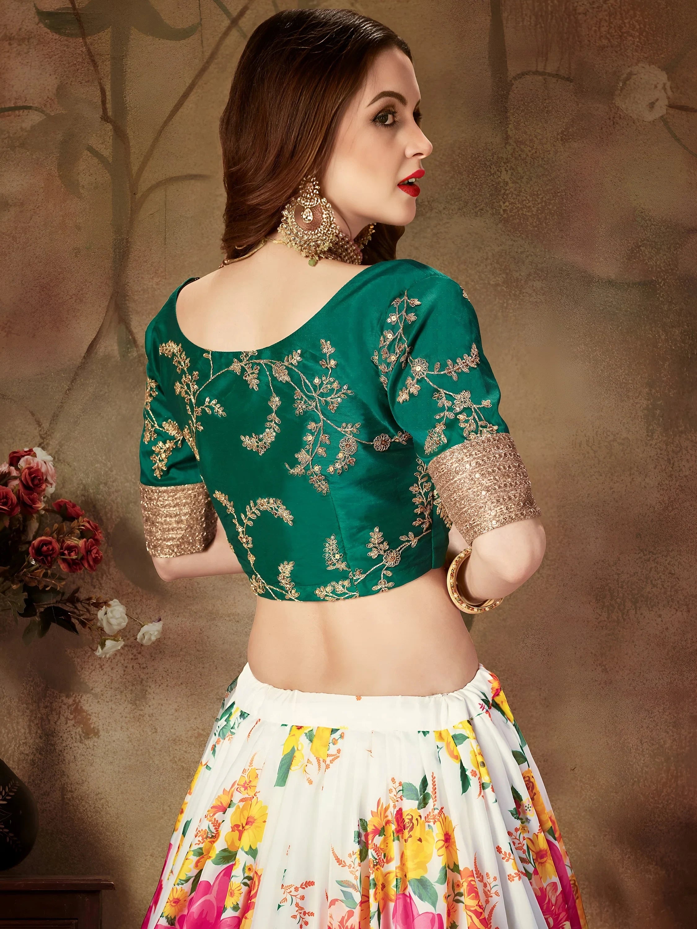 Wonderful Off-White Printed Organza Bridesmaid Plus Size Lehenga Choli