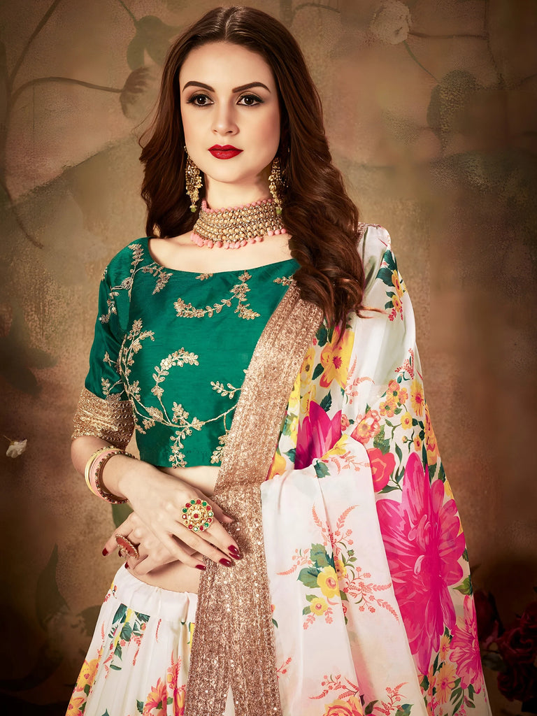 Wonderful Off-White Printed Organza Bridesmaid Plus Size Lehenga Choli
