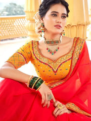 Stunning Red Thread Embroidered Georgette Saree With Blouse