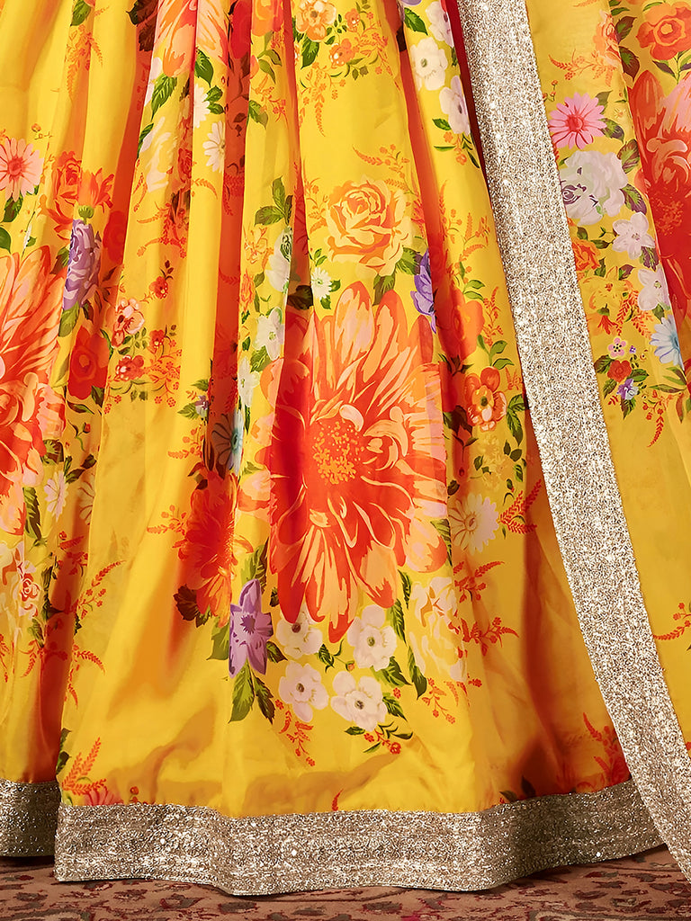Yellow-Green Floral Digital Printed Organza Bridal Lehenga Choli