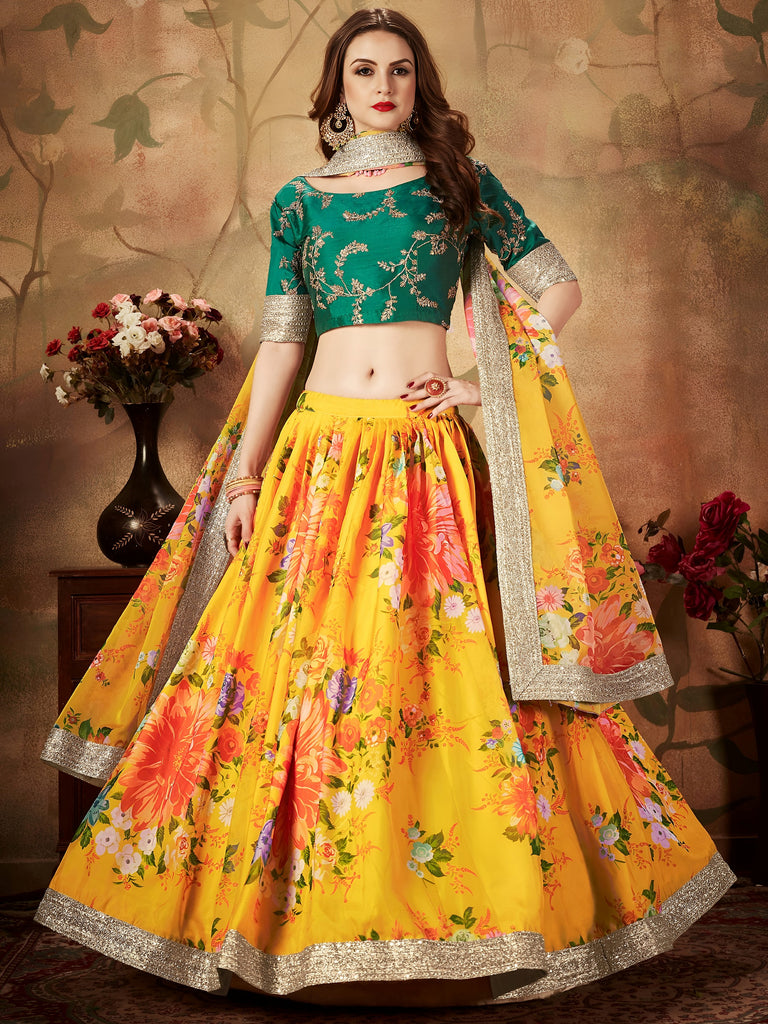 Yellow-Green Floral Digital Printed Organza Bridal Lehenga Choli
