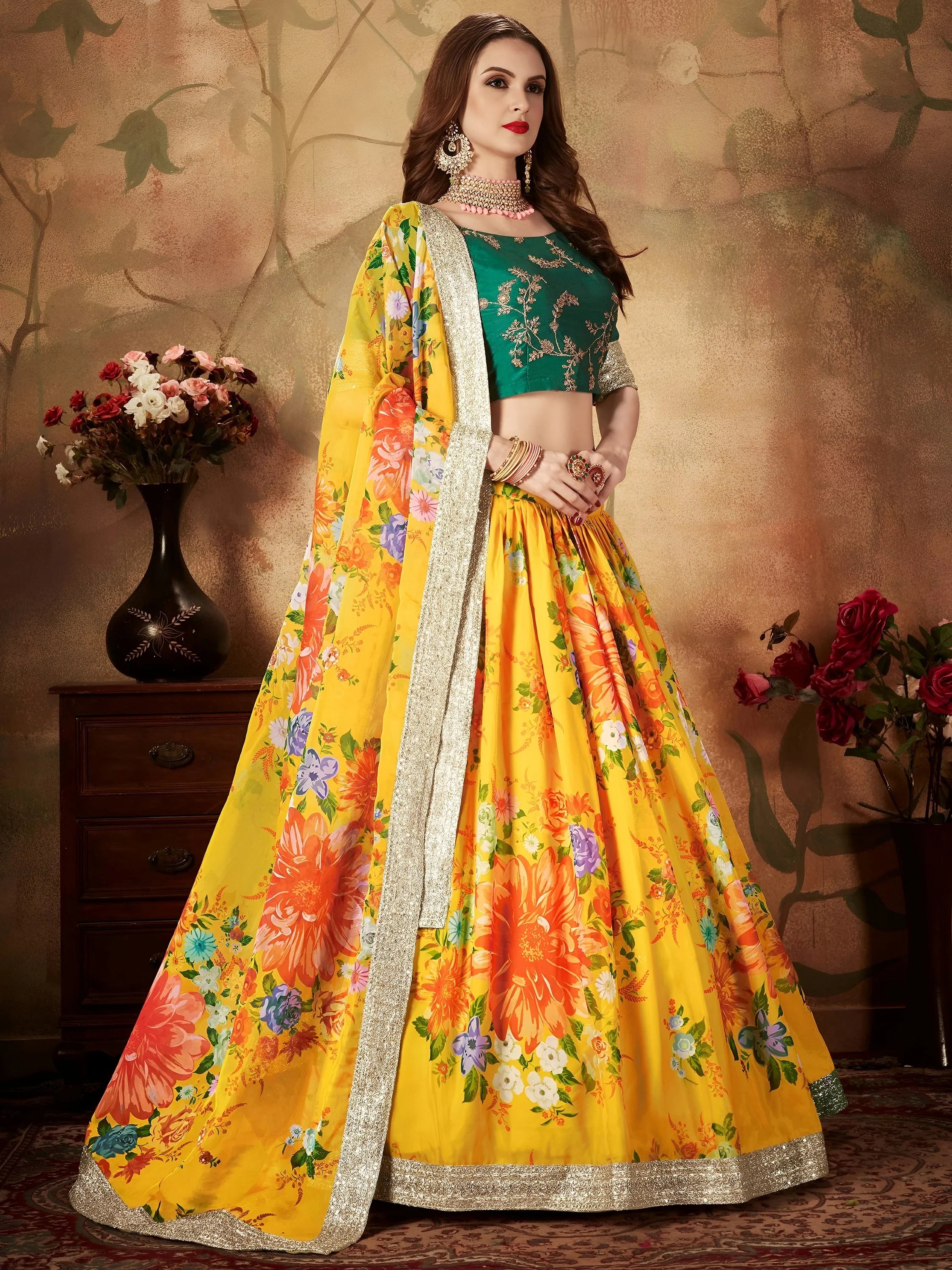 Yellow-Green Floral Digital Printed Organza Bridal Lehenga Choli