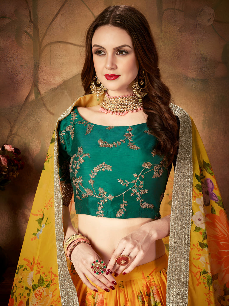 Yellow-Green Floral Digital Printed Organza Bridal Lehenga Choli
