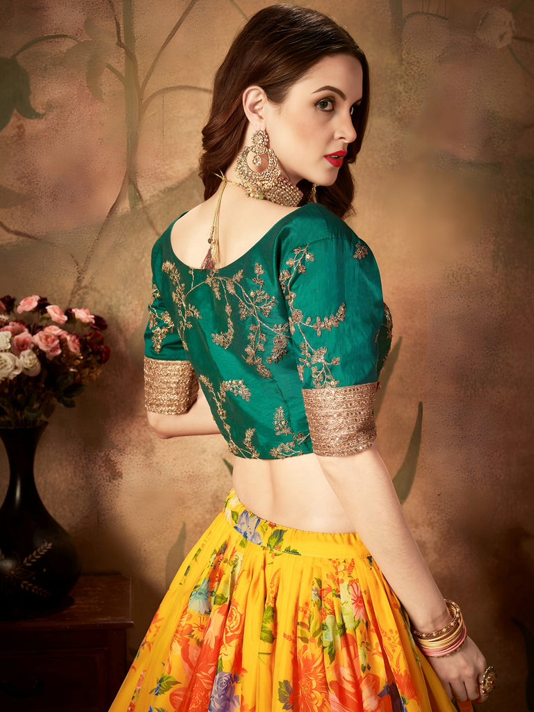 Yellow-Green Floral Digital Printed Organza Bridal Lehenga Choli