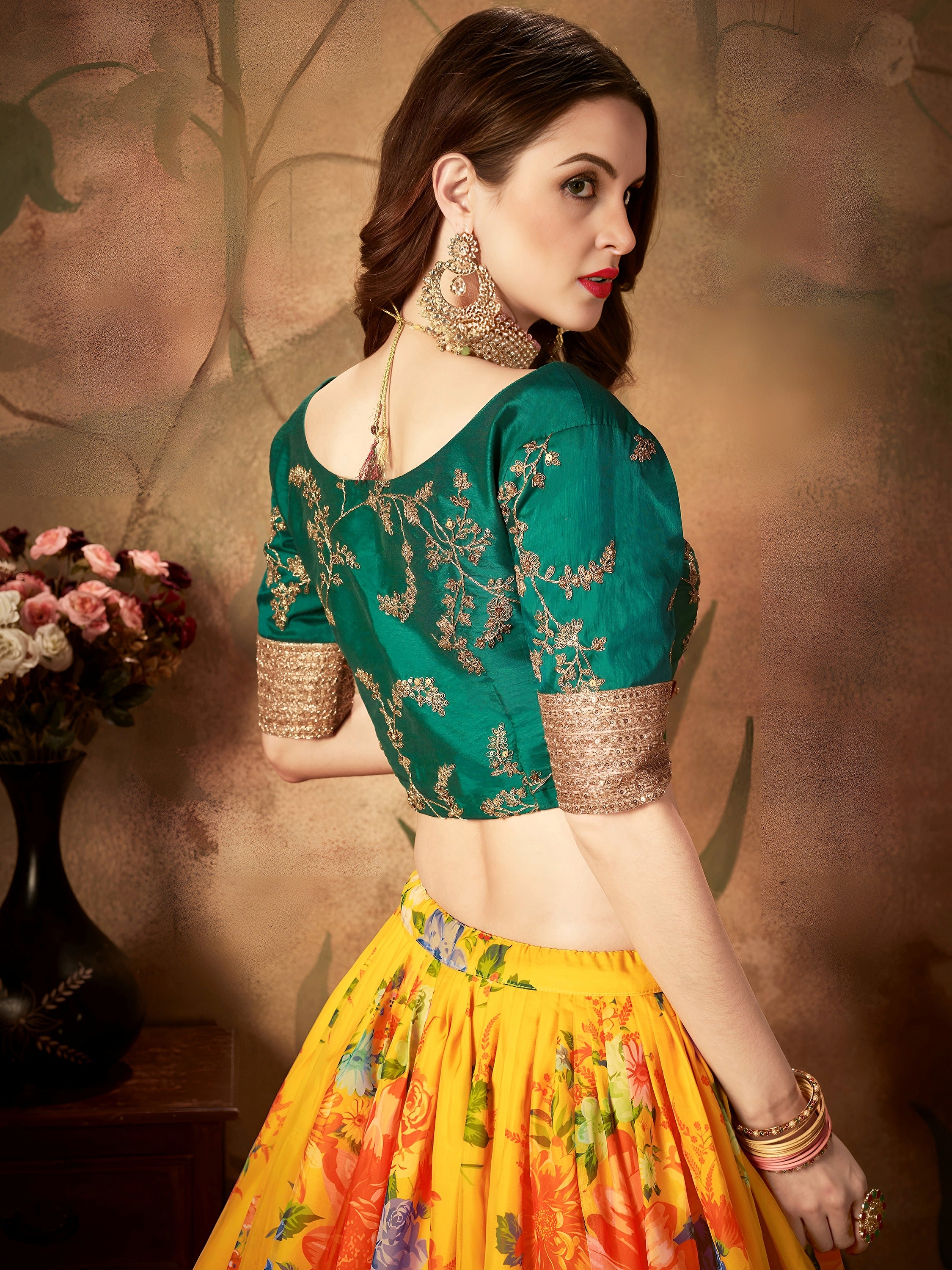 Yellow-Green Floral Digital Printed Organza Bridal Lehenga Choli
