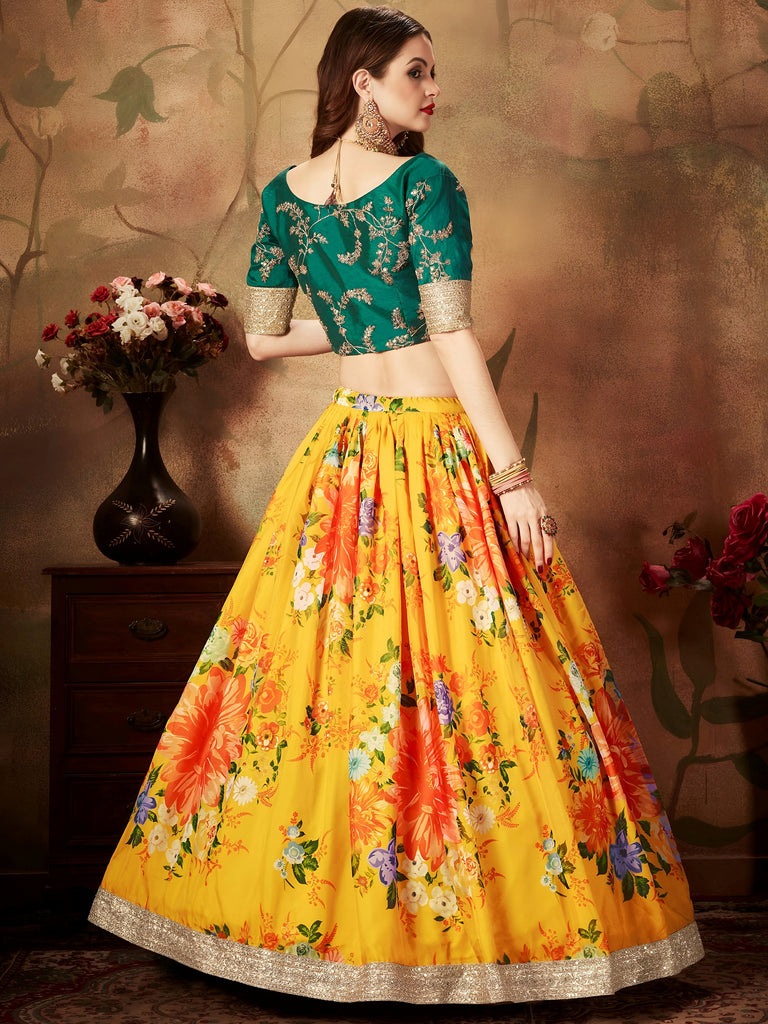 Yellow-Green Floral Digital Printed Organza Bridal Lehenga Choli