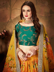 Yellow-Green Floral Digital Printed Organza Bridal Lehenga Choli