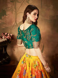 Yellow-Green Floral Digital Printed Organza Bridal Lehenga Choli