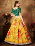 Yellow-Green Floral Digital Printed Organza Bridal Lehenga Choli