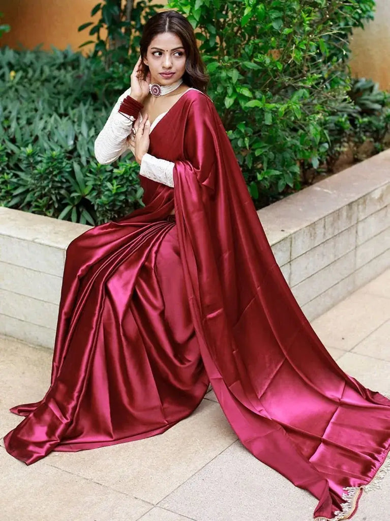 Superior Maroon Satin Silk Plain Party Wear Saree With Blouse