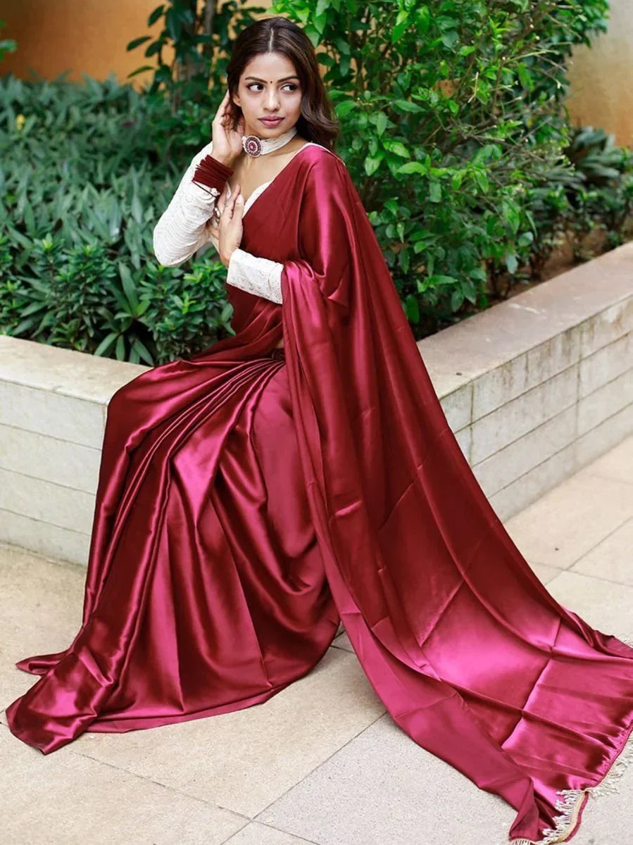 Superior Maroon Satin Silk Plain Party Wear Saree With Blouse