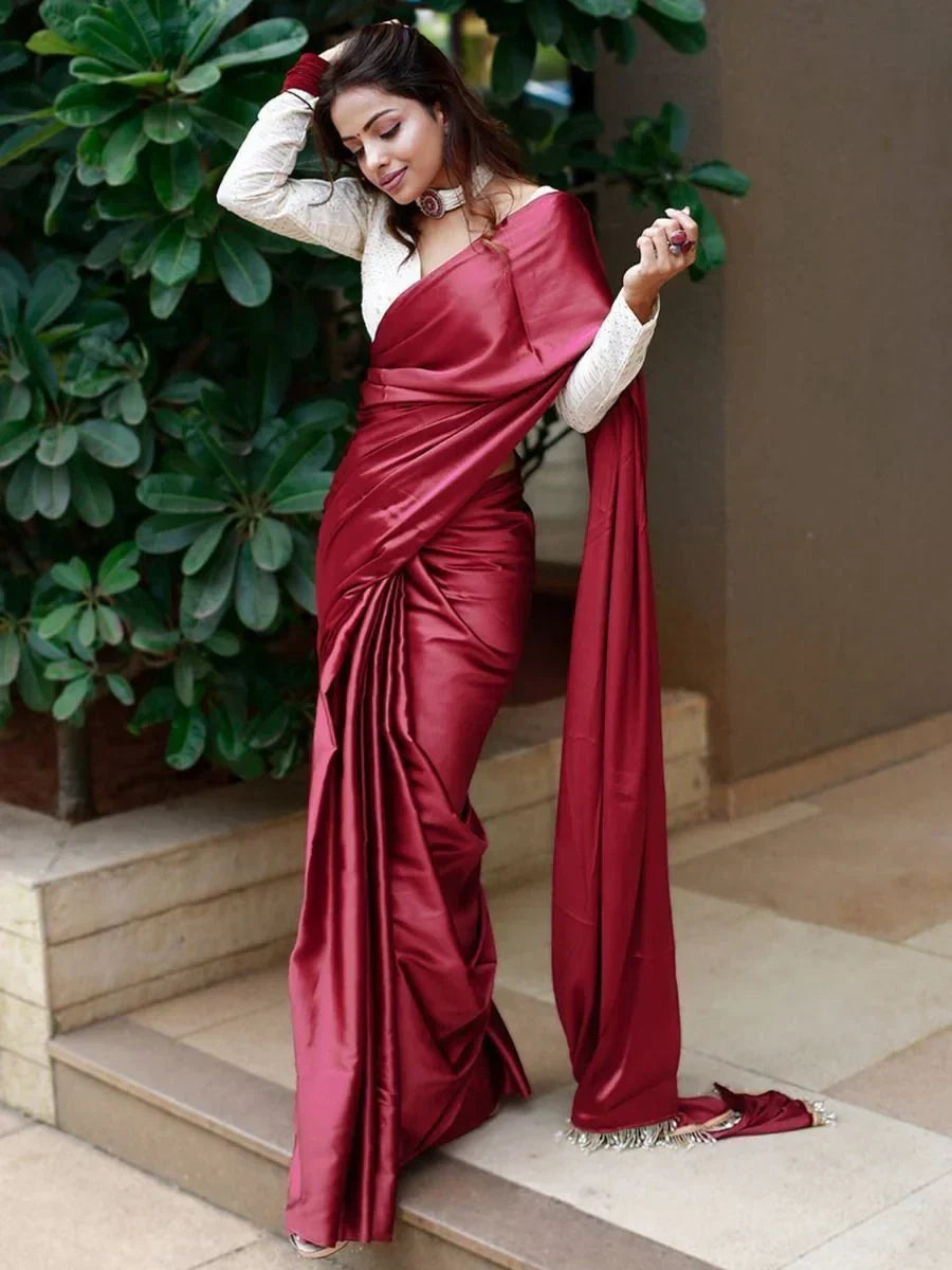Superior Maroon Satin Silk Plain Party Wear Saree With Blouse