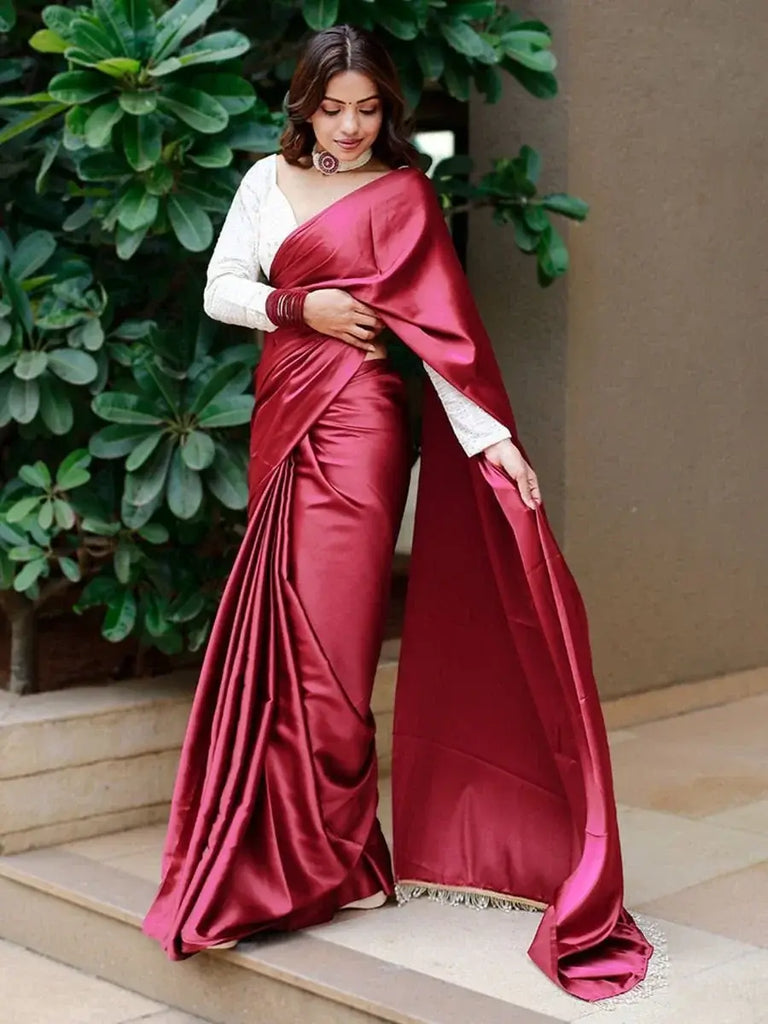 Superior Maroon Satin Silk Plain Party Wear Saree With Blouse