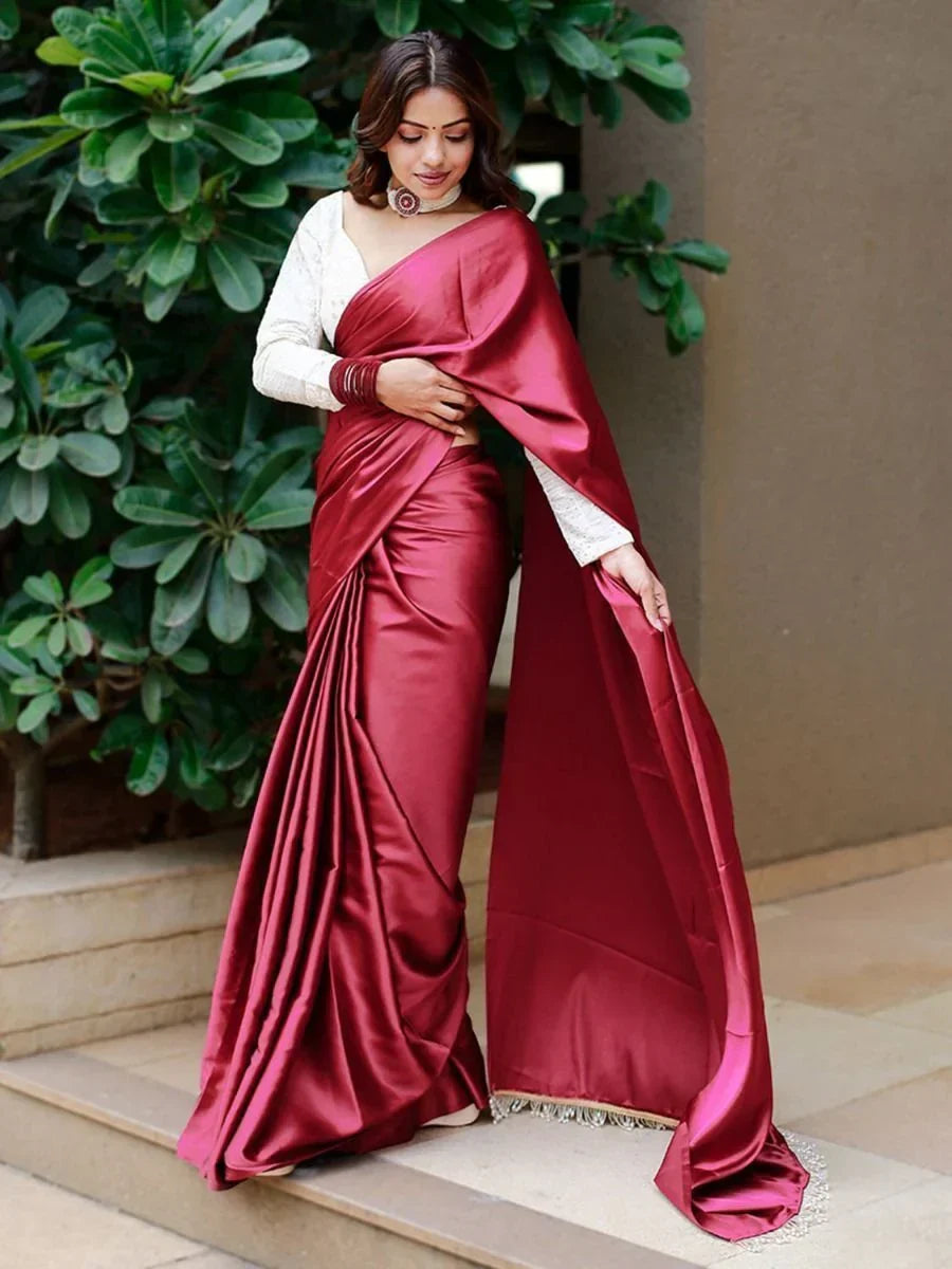Superior Maroon Satin Silk Plain Party Wear Saree With Blouse