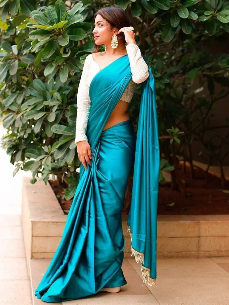 Most Luxury Teal Blue Satin Silk Plain Casual Wear Saree With Blouse