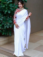 Elegant Pure White Satin Silk Plain Party Wear Saree With Full Sleeve Blouse