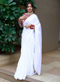 Elegant Pure White Satin Silk Plain Party Wear Saree With Full Sleeve Blouse