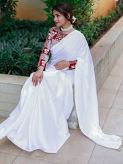 Elegant Pure White Satin Silk Plain Party Wear Saree With Full Sleeve Blouse